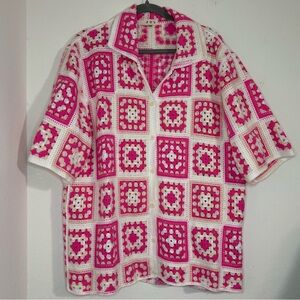 POL Pink and White Crochet Granny Square Button Up Shirt one size